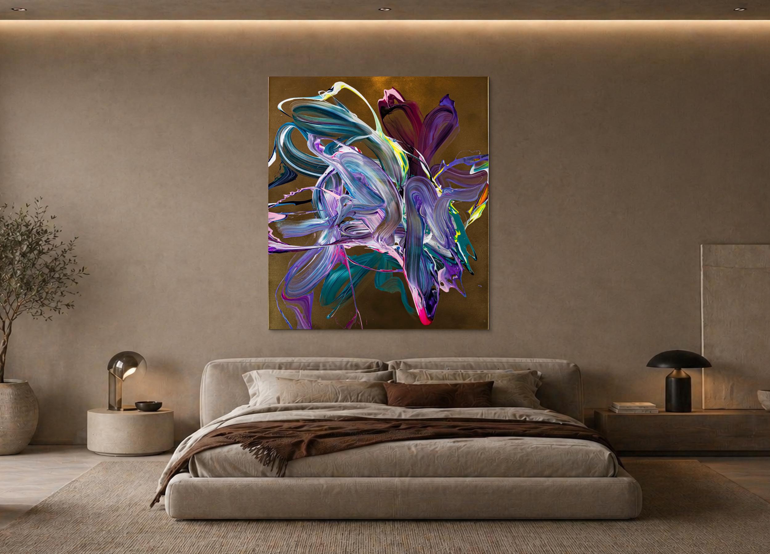 Gemälde Original abstrakt 150x130cm Action Painting Moderne Kunst handgefertigt Mischtechnik gold violett rosa