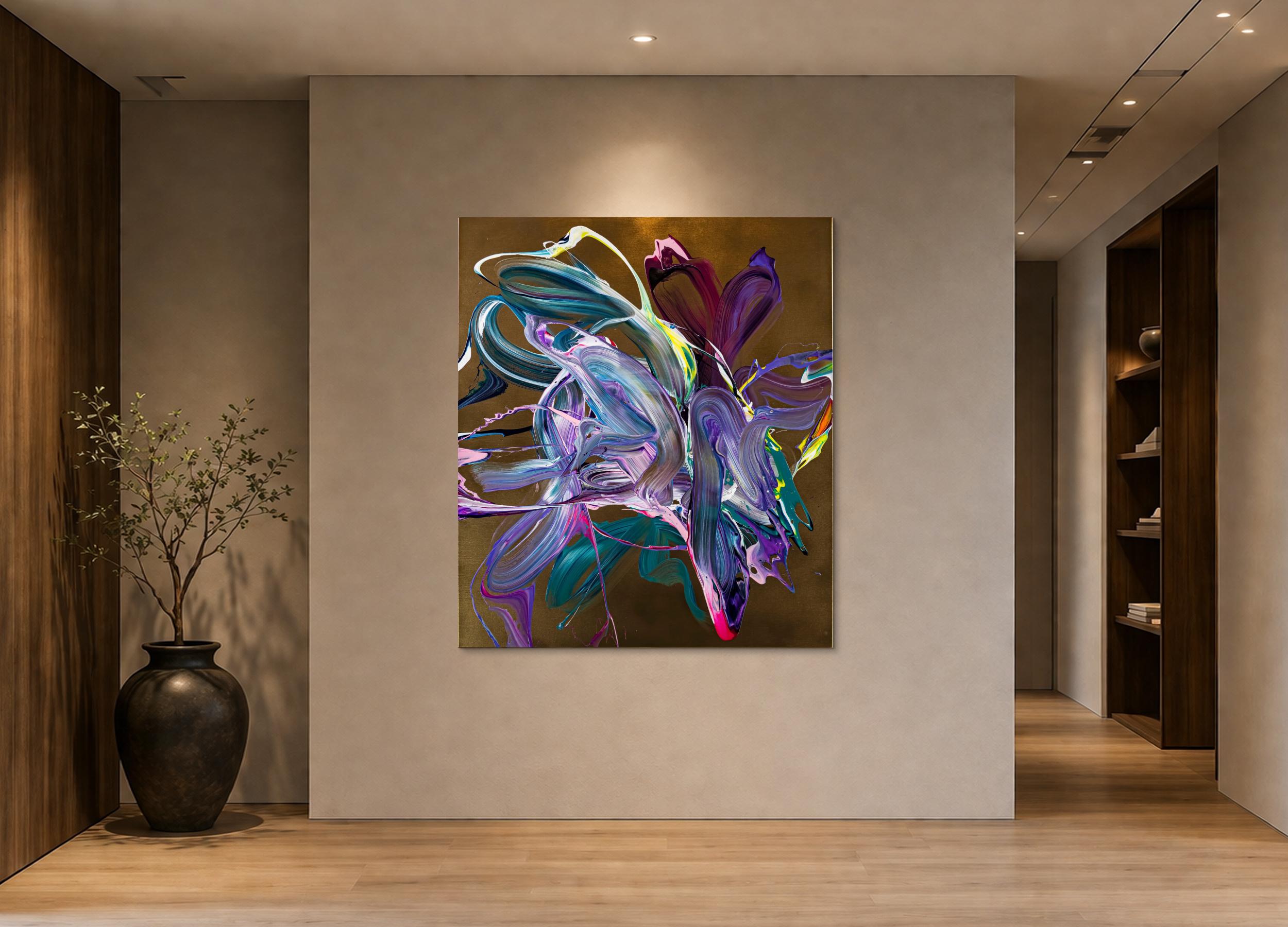 Gemälde Original abstrakt 150x130cm Action Painting Moderne Kunst handgefertigt Mischtechnik gold violett rosa