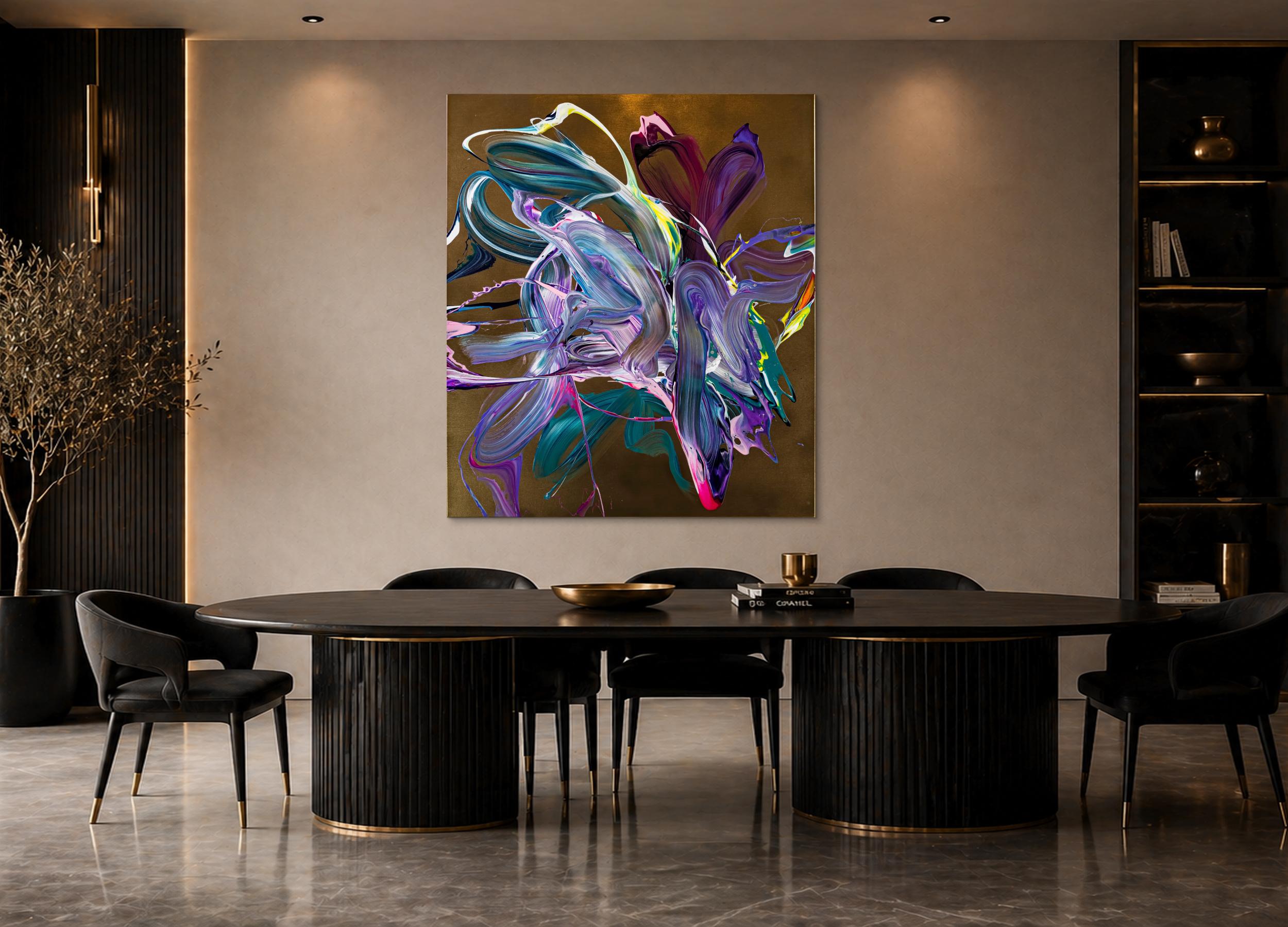 Gemälde Original abstrakt 150x130cm Action Painting Moderne Kunst handgefertigt Mischtechnik gold violett rosa