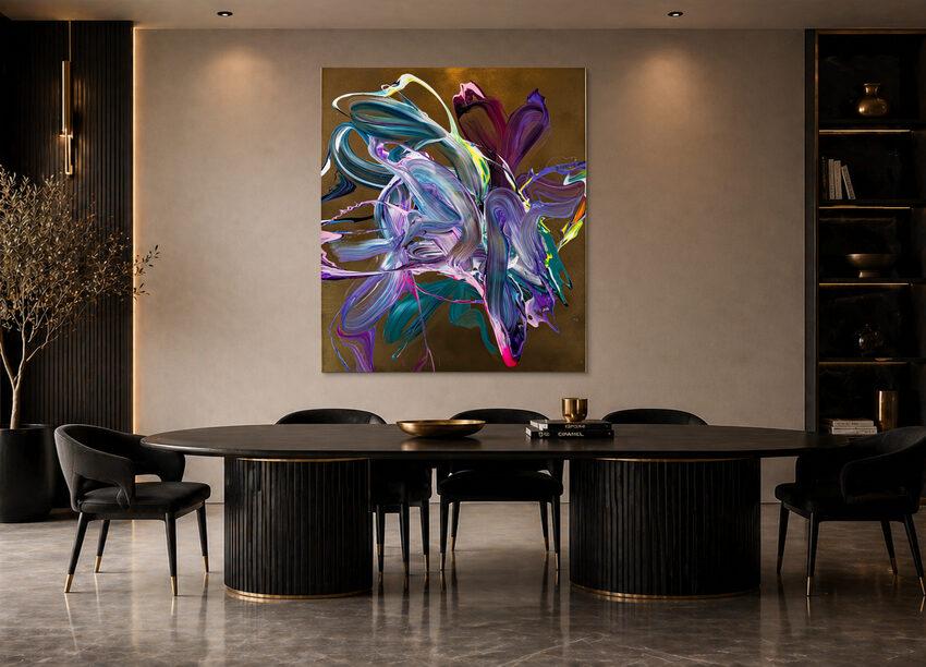 Gemälde Original abstrakt 150x130cm Action Painting Moderne Kunst handgefertigt Mischtechnik gold violett rosa