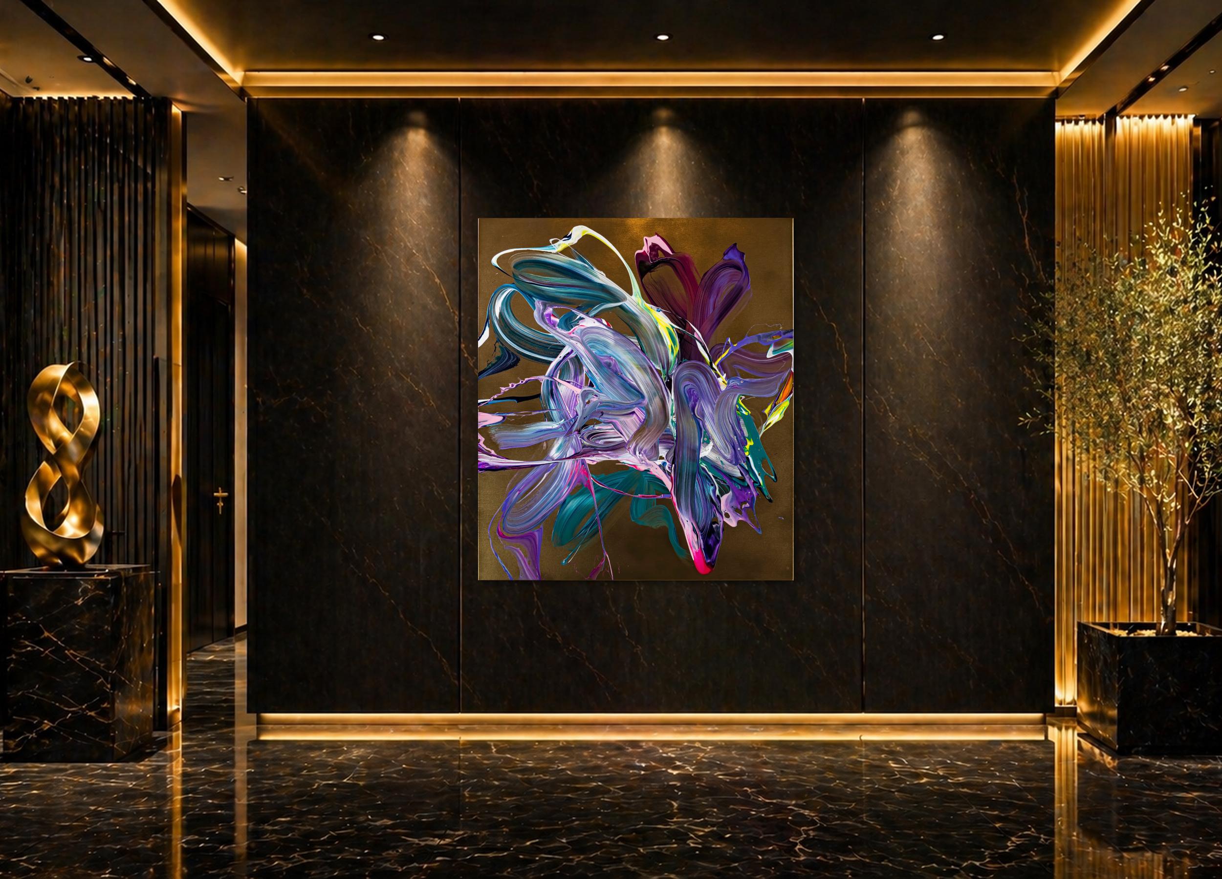 Gemälde Original abstrakt 150x130cm Action Painting Moderne Kunst handgefertigt Mischtechnik gold violett rosa