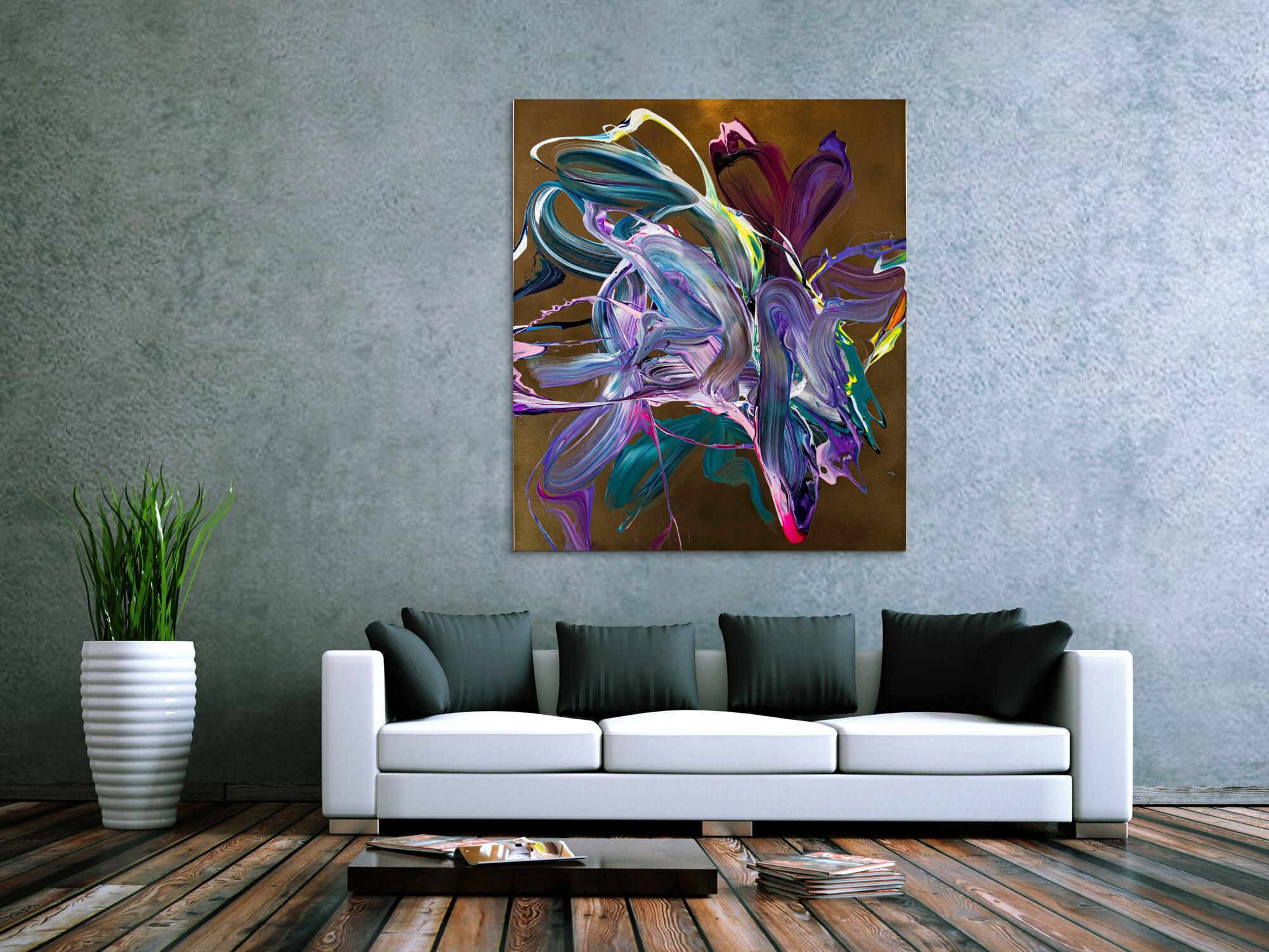 Gemälde Original abstrakt 150x130cm Action Painting Moderne Kunst handgefertigt Mischtechnik gold violett rosa