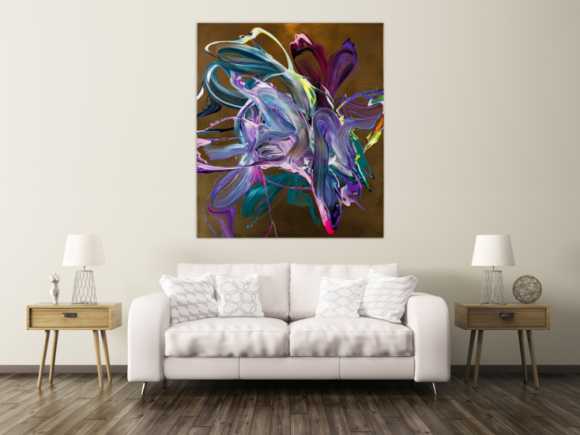Gemälde Original abstrakt 150x130cm Action Painting Moderne Kunst handgefertigt Mischtechnik gold violett rosa