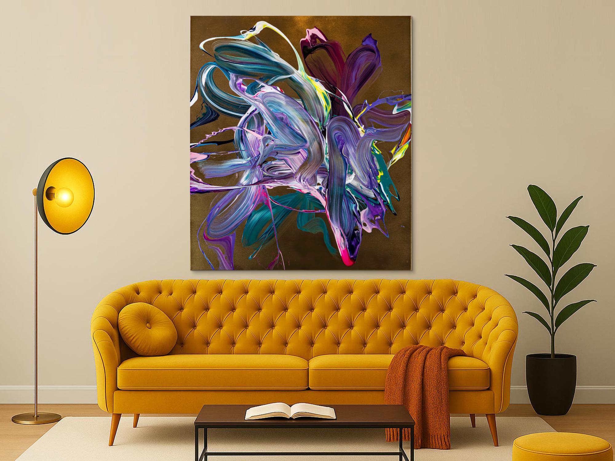 Gemälde Original abstrakt 150x130cm Action Painting Moderne Kunst handgefertigt Mischtechnik gold violett rosa