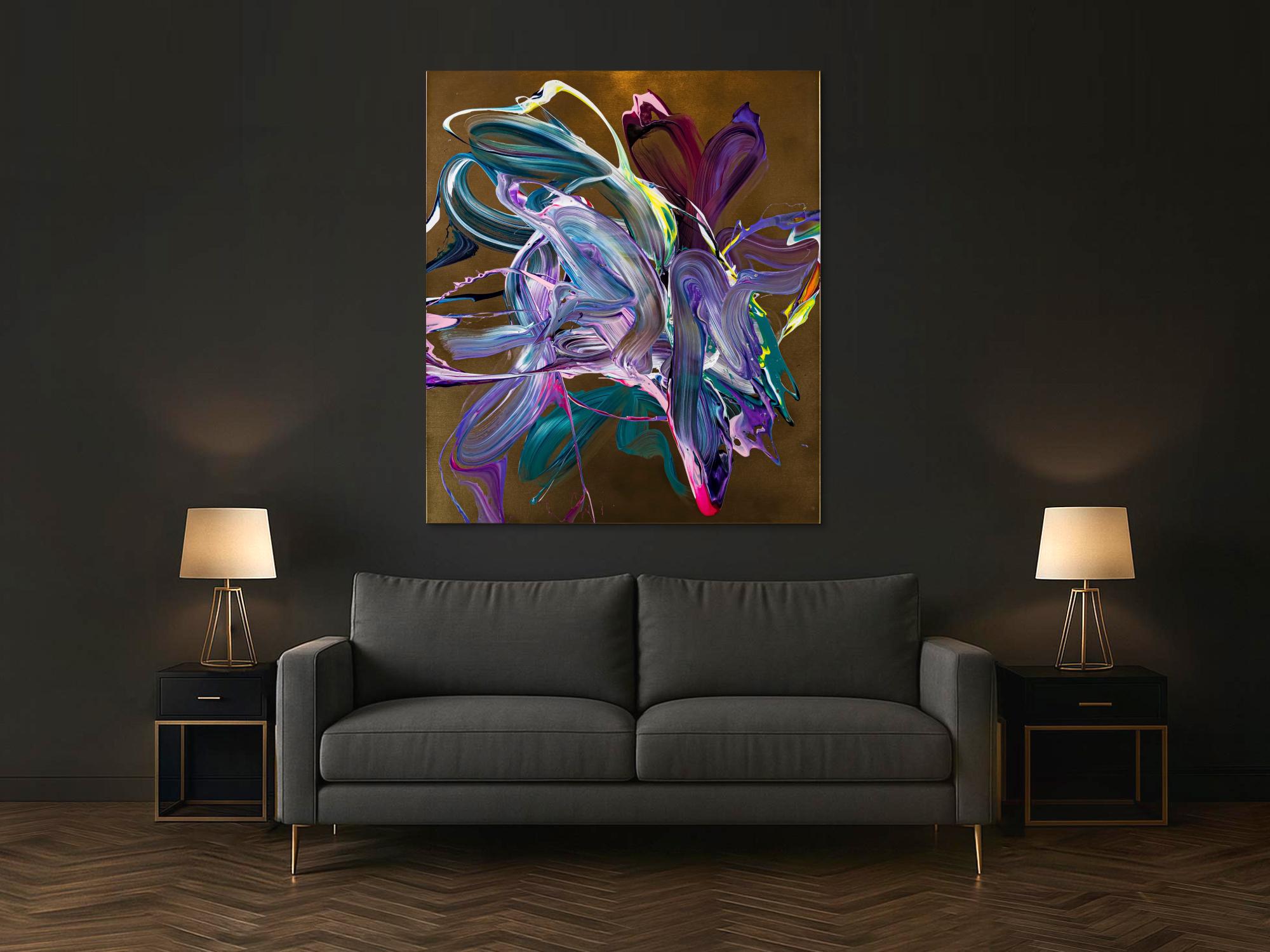 Gemälde Original abstrakt 150x130cm Action Painting Moderne Kunst handgefertigt Mischtechnik gold violett rosa