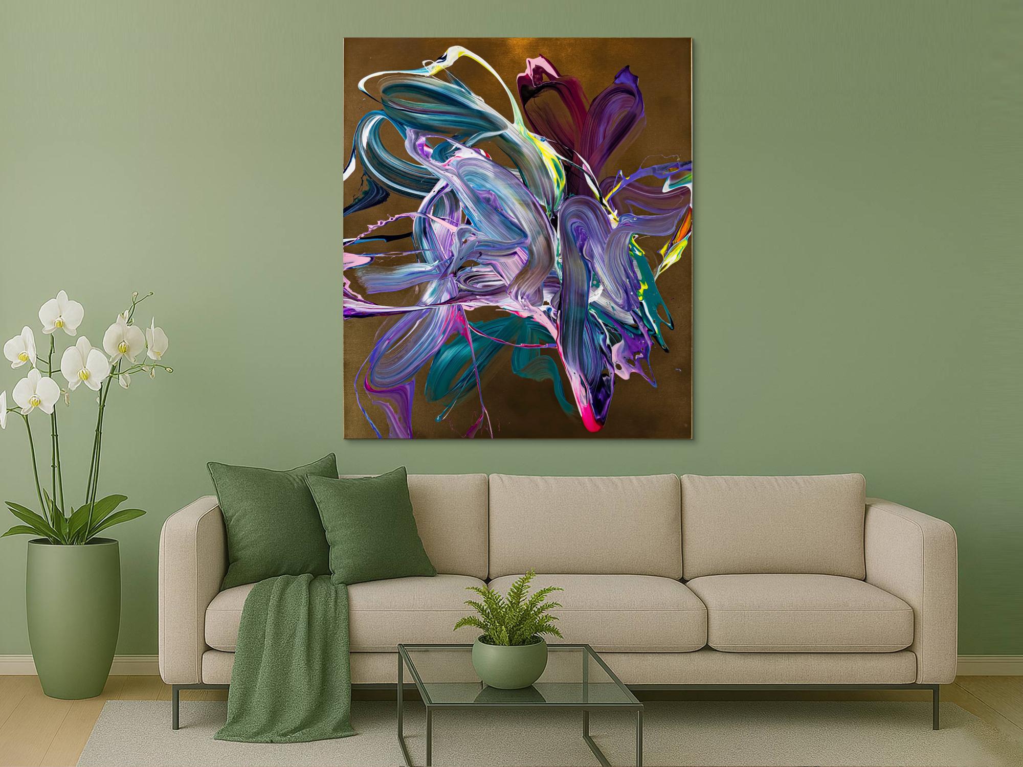 Gemälde Original abstrakt 150x130cm Action Painting Moderne Kunst handgefertigt Mischtechnik gold violett rosa