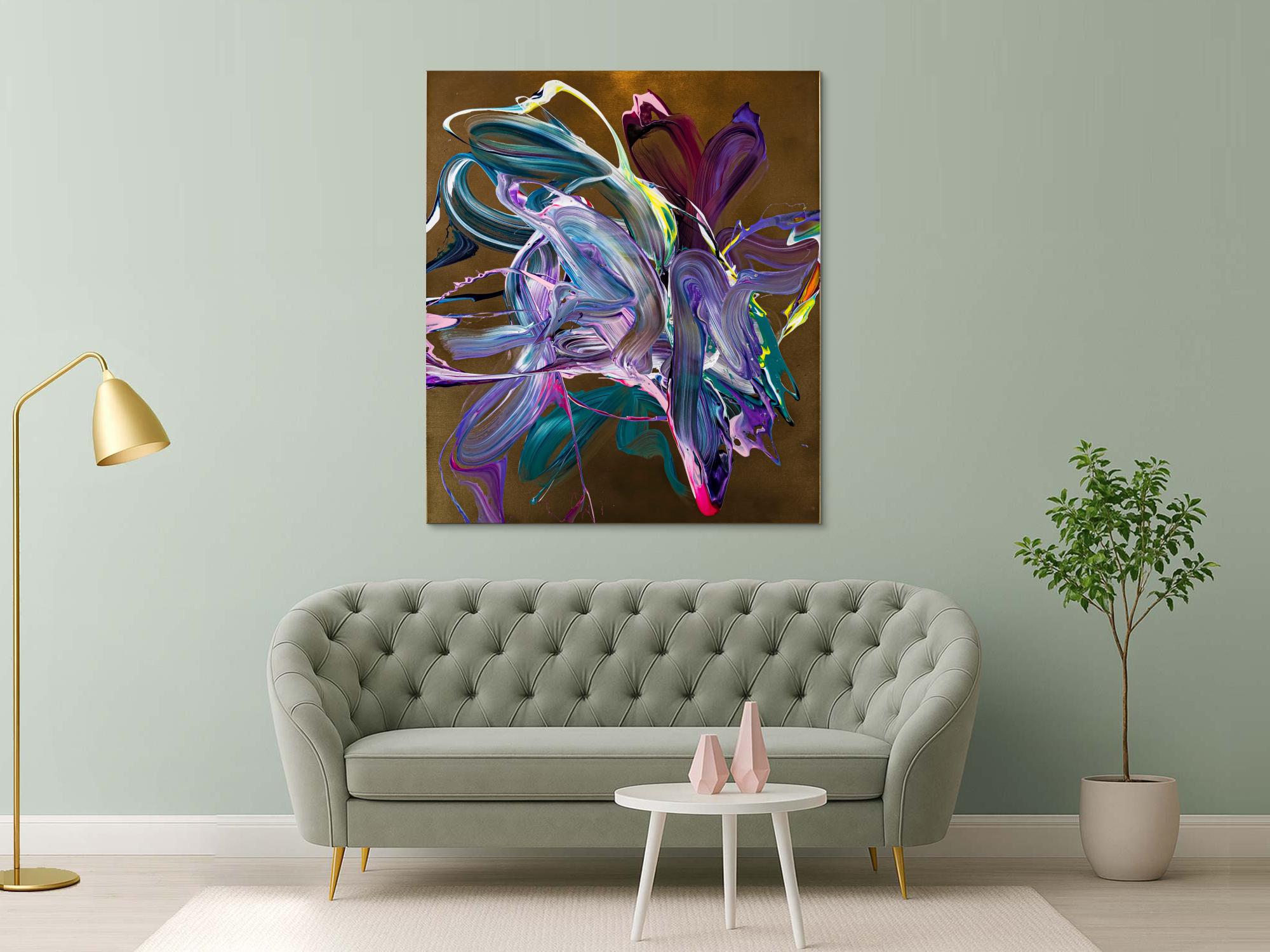 Gemälde Original abstrakt 150x130cm Action Painting Moderne Kunst handgefertigt Mischtechnik gold violett rosa