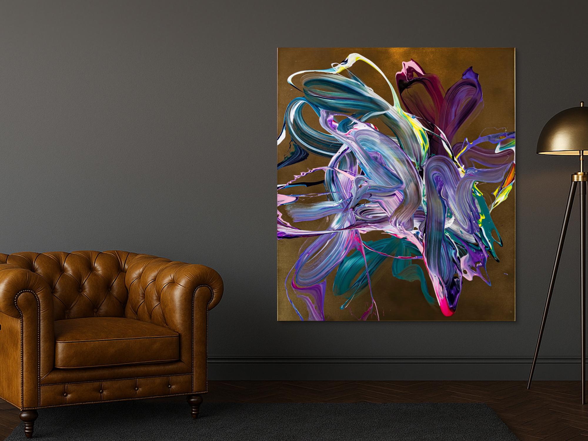 Gemälde Original abstrakt 150x130cm Action Painting Moderne Kunst handgefertigt Mischtechnik gold violett rosa