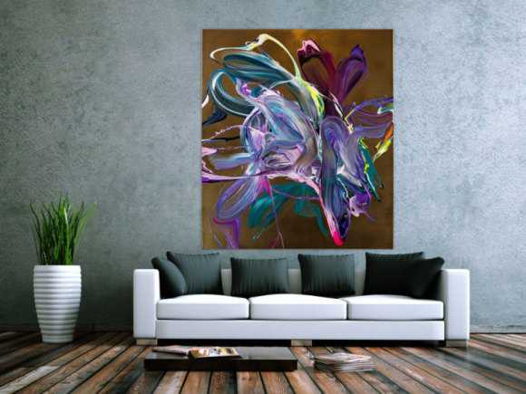 Gemälde Original abstrakt 150x130cm Action Painting Moderne Kunst handgefertigt Mischtechnik gold violett rosa