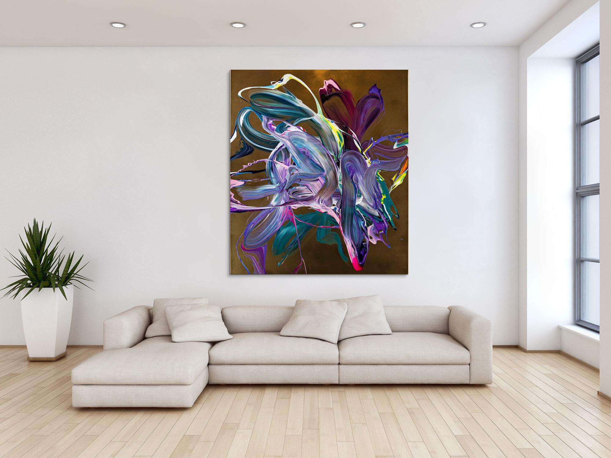 Gemälde Original abstrakt 150x130cm Action Painting Moderne Kunst handgefertigt Mischtechnik gold violett rosa