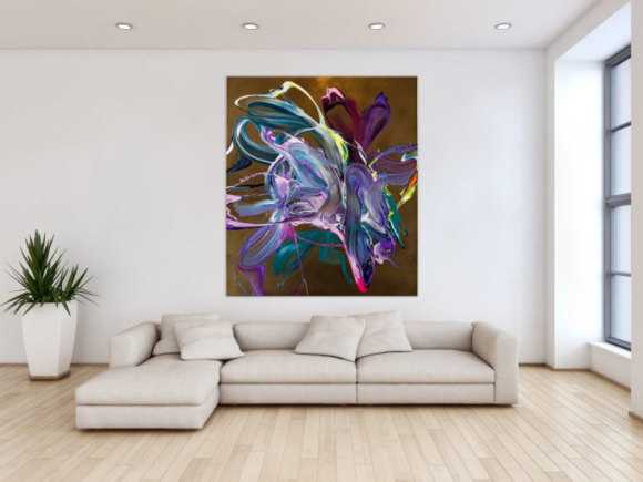 Gemälde Original abstrakt 150x130cm Action Painting Moderne Kunst handgefertigt Mischtechnik gold violett rosa