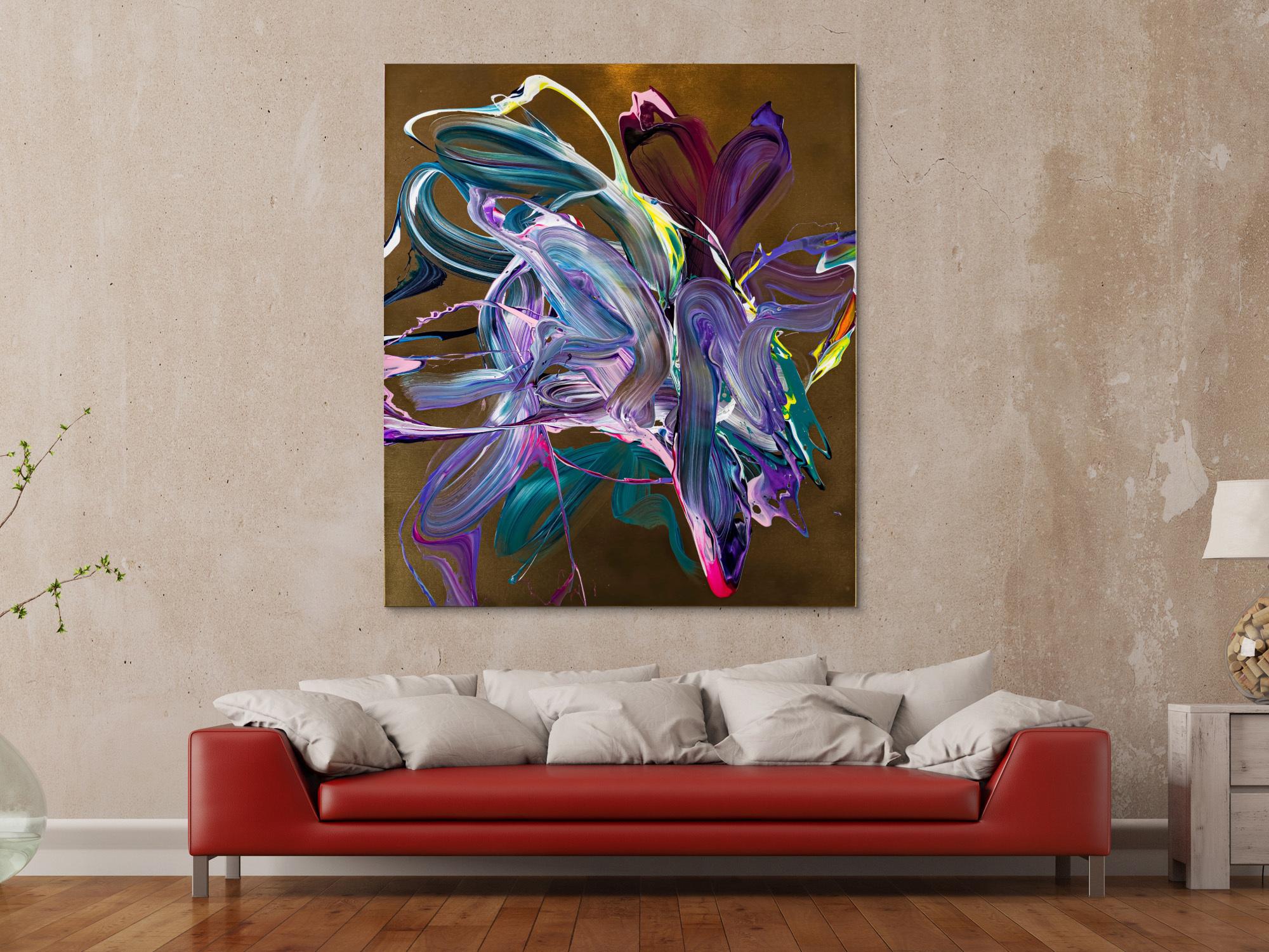 Gemälde Original abstrakt 150x130cm Action Painting Moderne Kunst handgefertigt Mischtechnik gold violett rosa