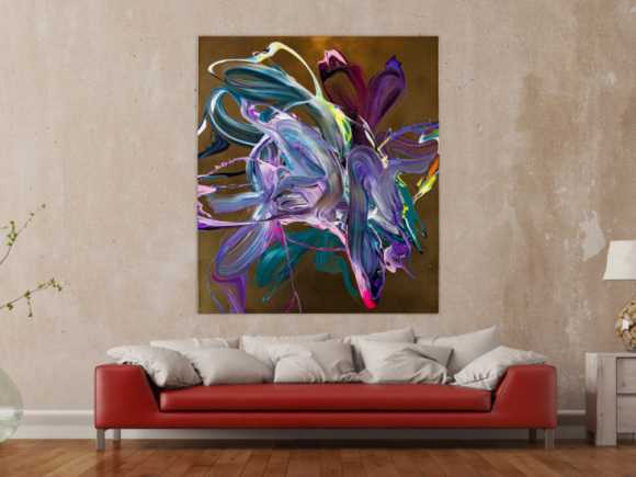 Gemälde Original abstrakt 150x130cm Action Painting Moderne Kunst handgefertigt Mischtechnik gold violett rosa