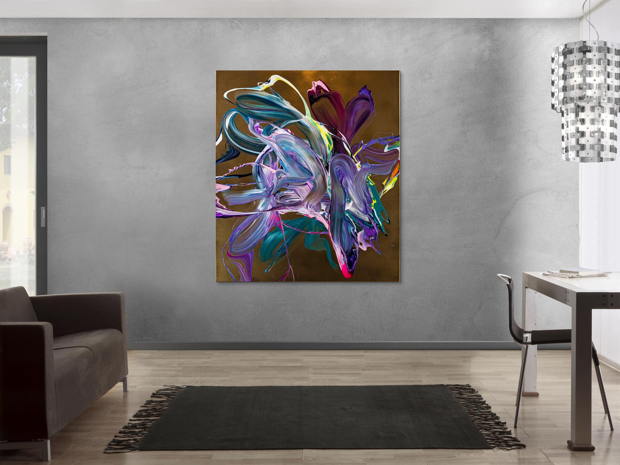 Gemälde Original abstrakt 150x130cm Action Painting Moderne Kunst handgefertigt Mischtechnik gold violett rosa