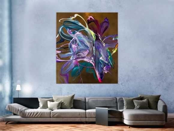 Gemälde Original abstrakt 150x130cm Action Painting Moderne Kunst handgefertigt Mischtechnik gold violett rosa