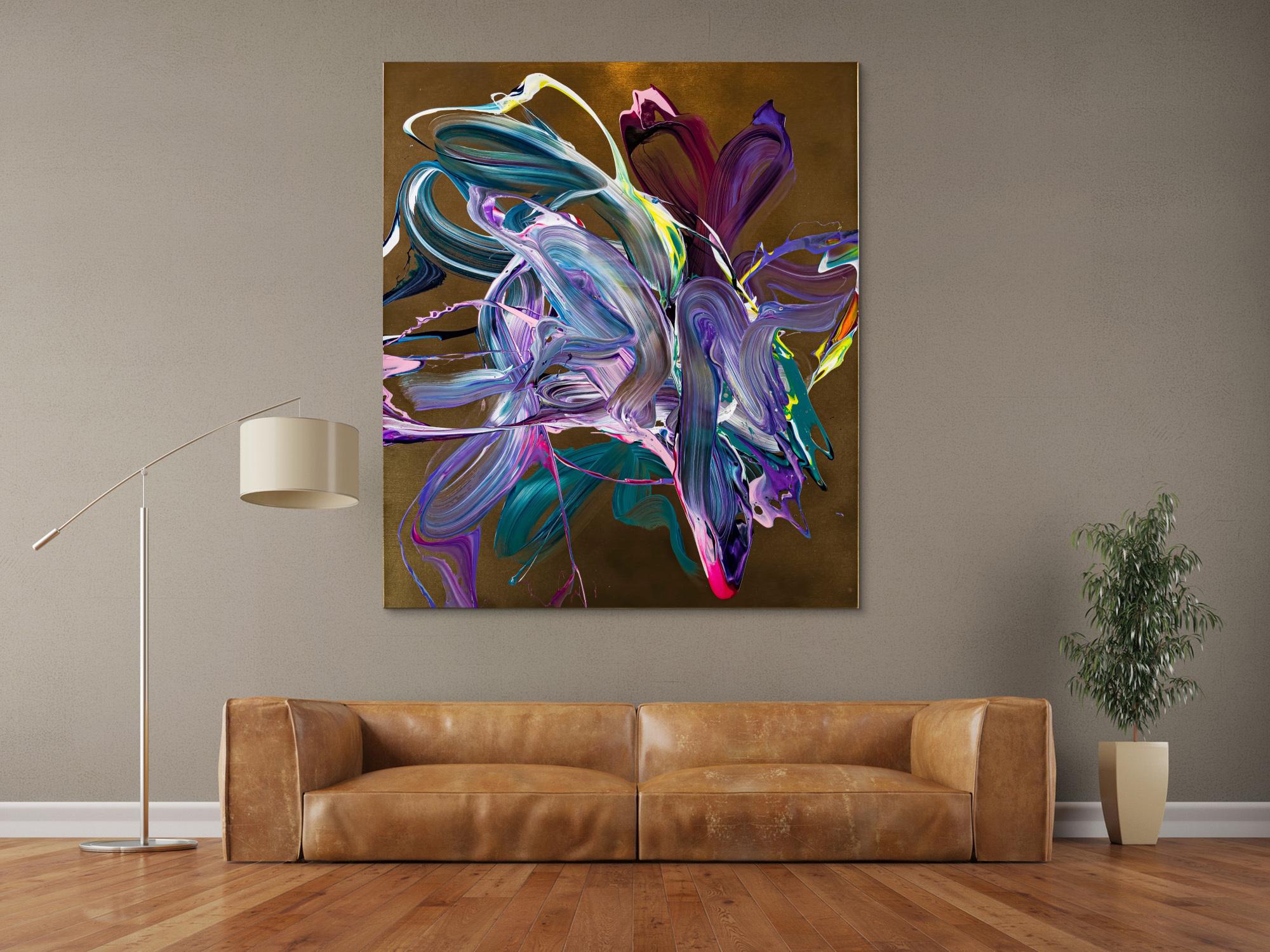 Gemälde Original abstrakt 150x130cm Action Painting Moderne Kunst handgefertigt Mischtechnik gold violett rosa