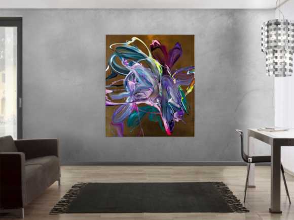 Gemälde Original abstrakt 150x130cm Action Painting Moderne Kunst handgefertigt Mischtechnik gold violett rosa