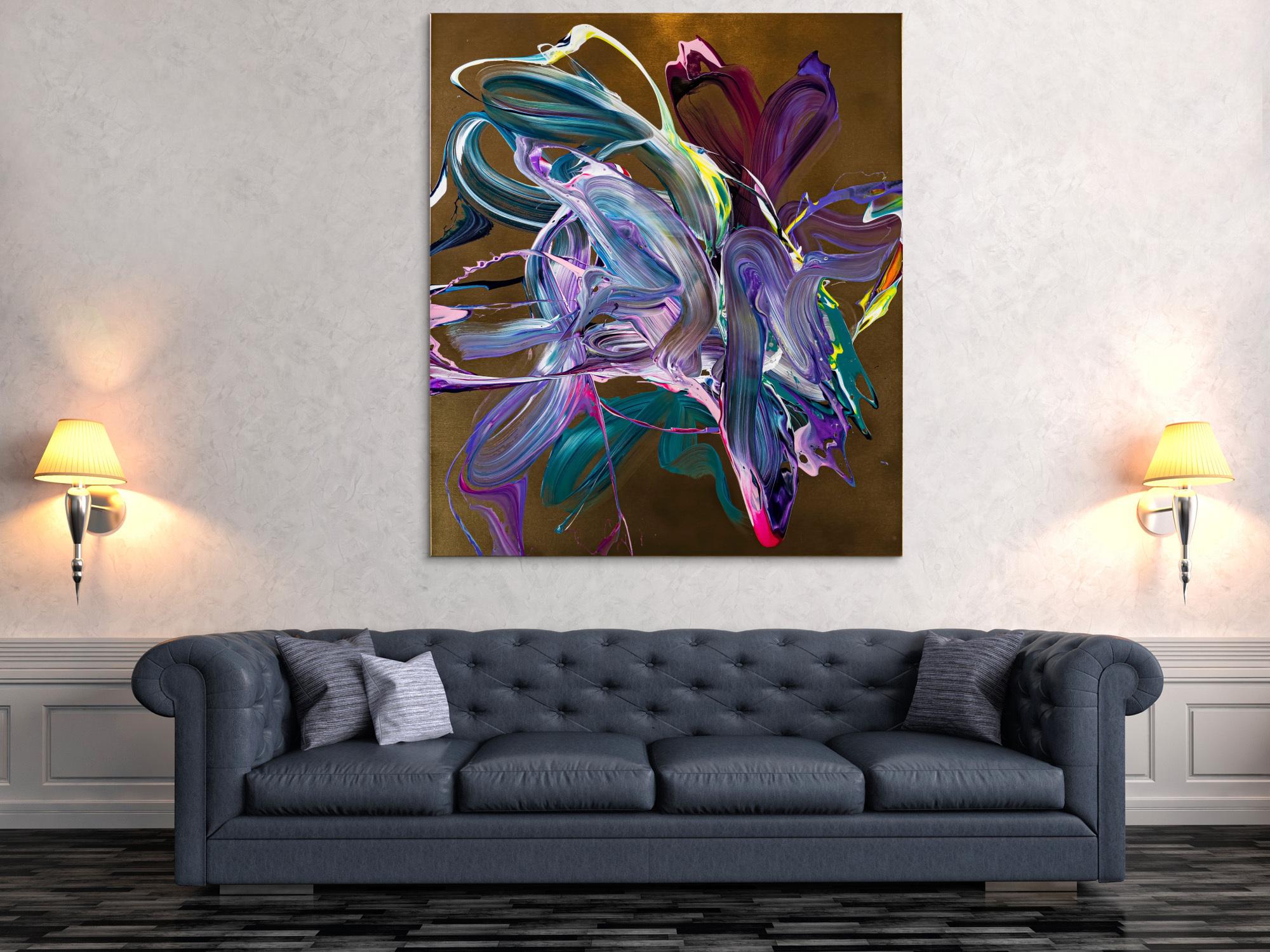 Gemälde Original abstrakt 150x130cm Action Painting Moderne Kunst handgefertigt Mischtechnik gold violett rosa