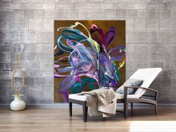 Gemälde Original abstrakt 150x130cm Action Painting Moderne Kunst handgefertigt Mischtechnik gold violett rosa