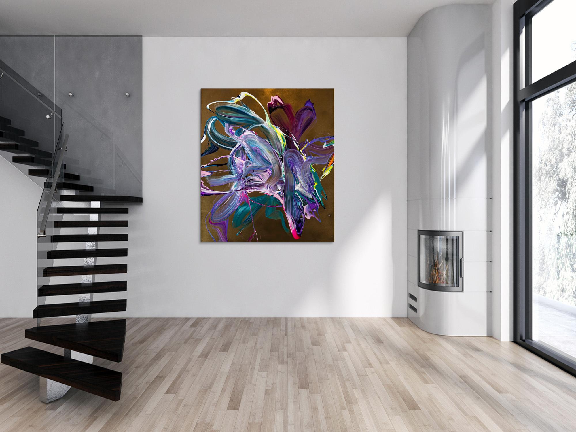 Gemälde Original abstrakt 150x130cm Action Painting Moderne Kunst handgefertigt Mischtechnik gold violett rosa