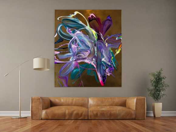 Gemälde Original abstrakt 150x130cm Action Painting Moderne Kunst handgefertigt Mischtechnik gold violett rosa