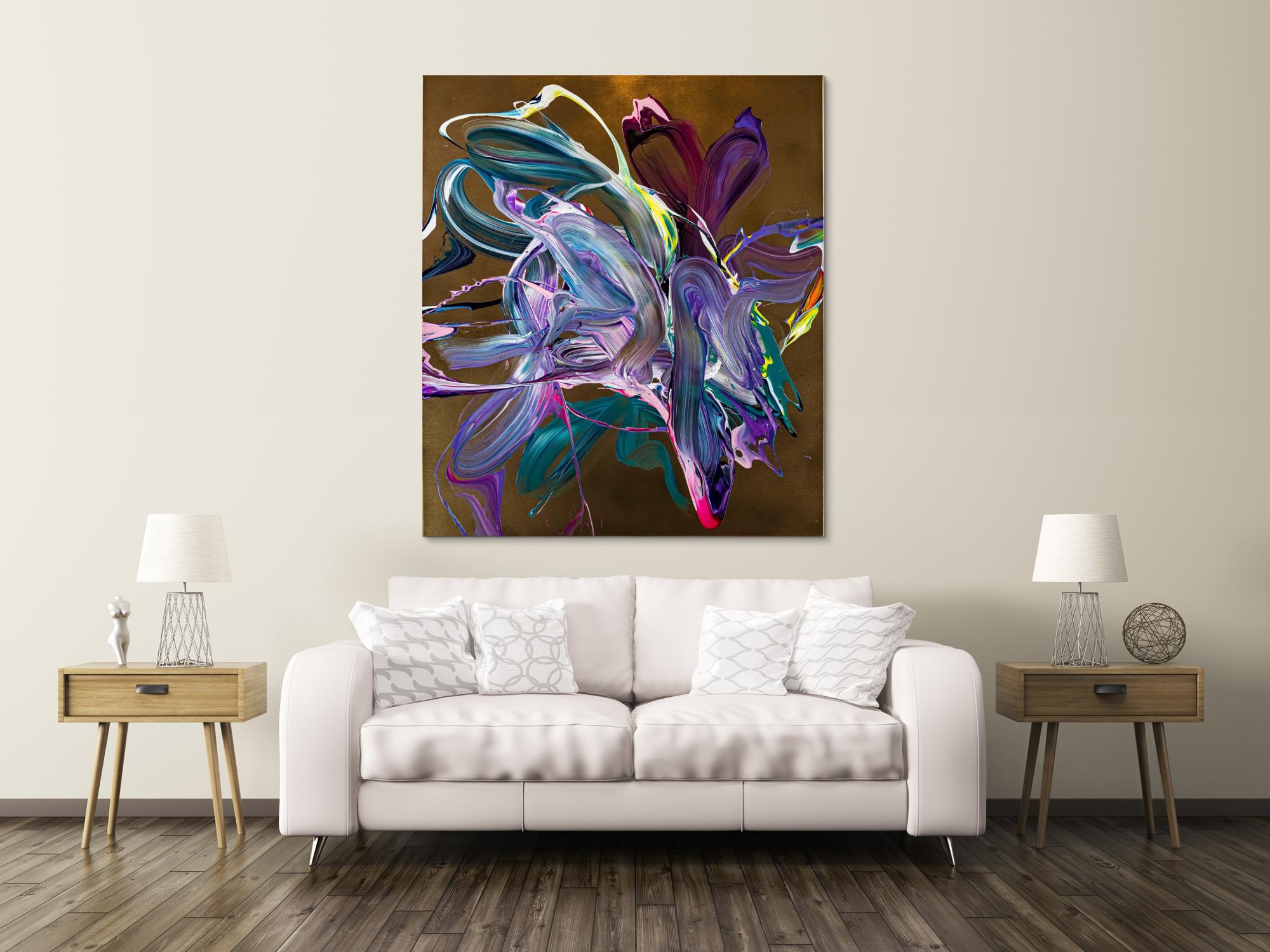 Gemälde Original abstrakt 150x130cm Action Painting Moderne Kunst handgefertigt Mischtechnik gold violett rosa