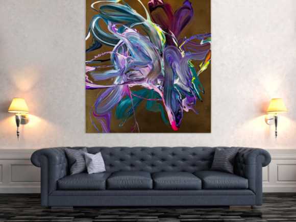 Gemälde Original abstrakt 150x130cm Action Painting Moderne Kunst handgefertigt Mischtechnik gold violett rosa