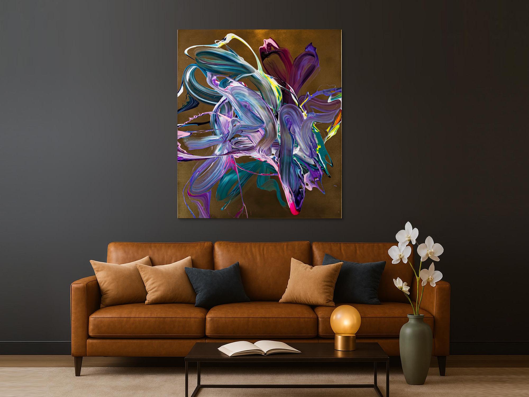 Gemälde Original abstrakt 150x130cm Action Painting Moderne Kunst handgefertigt Mischtechnik gold violett rosa