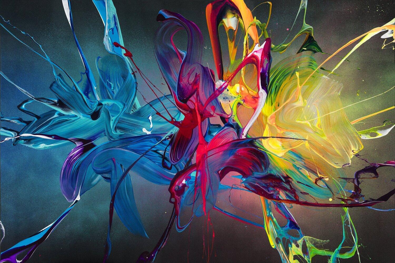 Abstraktes Gemälde auf Leinwand Gemälde Original abstrakt 100x150cm Action Painting Moderne Kunst auf Leinwand Mischtechnik schwarz bunt blau hochwertig in 100x150cm von Alex Zerr