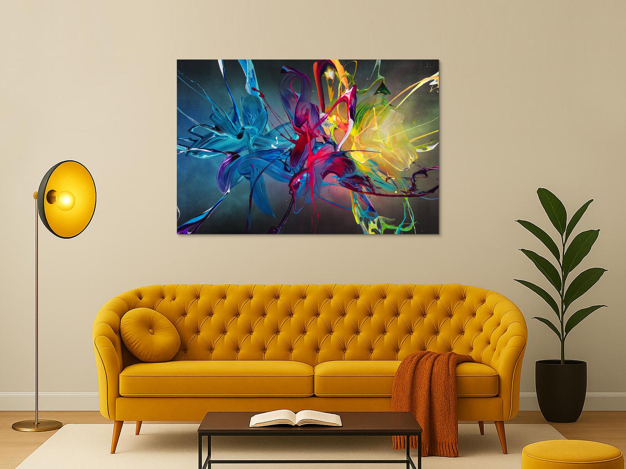 Gemälde Original abstrakt 100x150cm Action Painting Moderne Kunst auf Leinwand Mischtechnik schwarz bunt blau hochwertig