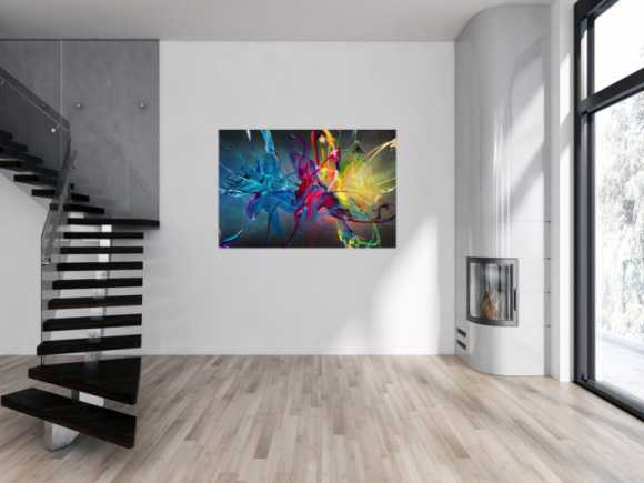 Gemälde Original abstrakt 100x150cm Action Painting Moderne Kunst auf Leinwand Mischtechnik schwarz bunt blau hochwertig