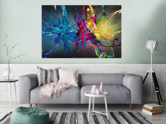 Gemälde Original abstrakt 100x150cm Action Painting Moderne Kunst auf Leinwand Mischtechnik schwarz bunt blau hochwertig