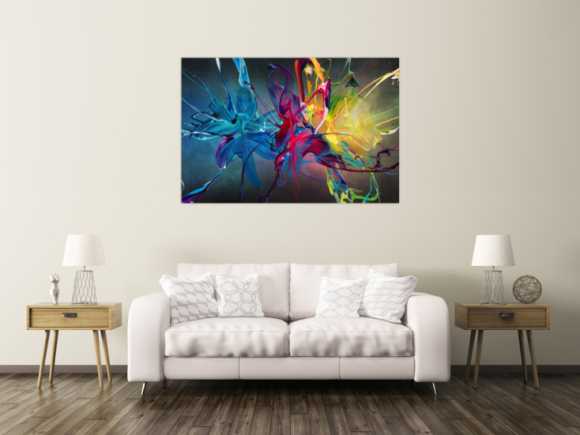 Gemälde Original abstrakt 100x150cm Action Painting Moderne Kunst auf Leinwand Mischtechnik schwarz bunt blau hochwertig