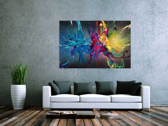 Gemälde Original abstrakt 100x150cm Action Painting Moderne Kunst auf Leinwand Mischtechnik schwarz bunt blau hochwertig
