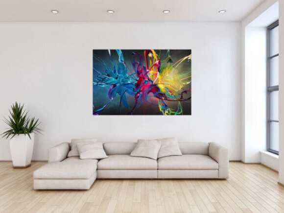 Gemälde Original abstrakt 100x150cm Action Painting Moderne Kunst auf Leinwand Mischtechnik schwarz bunt blau hochwertig