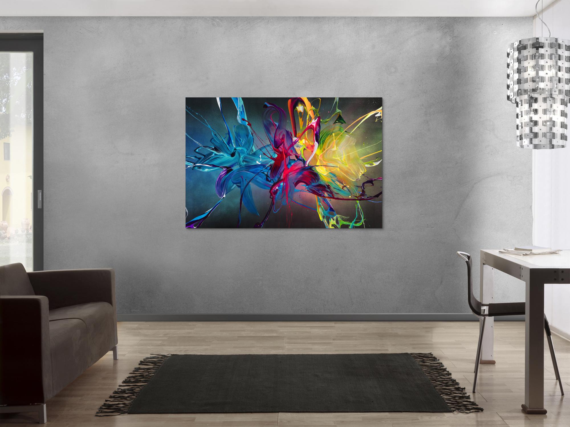 Gemälde Original abstrakt 100x150cm Action Painting Moderne Kunst auf Leinwand Mischtechnik schwarz bunt blau hochwertig