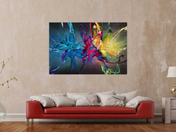 Gemälde Original abstrakt 100x150cm Action Painting Moderne Kunst auf Leinwand Mischtechnik schwarz bunt blau hochwertig