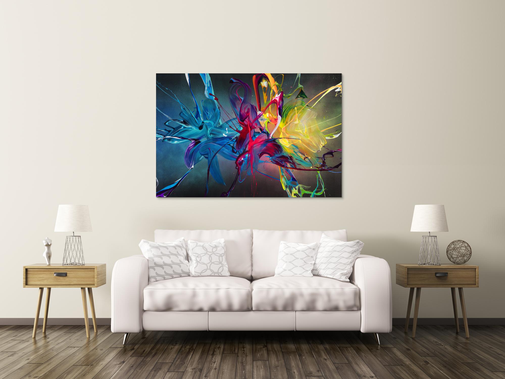 Gemälde Original abstrakt 100x150cm Action Painting Moderne Kunst auf Leinwand Mischtechnik schwarz bunt blau hochwertig