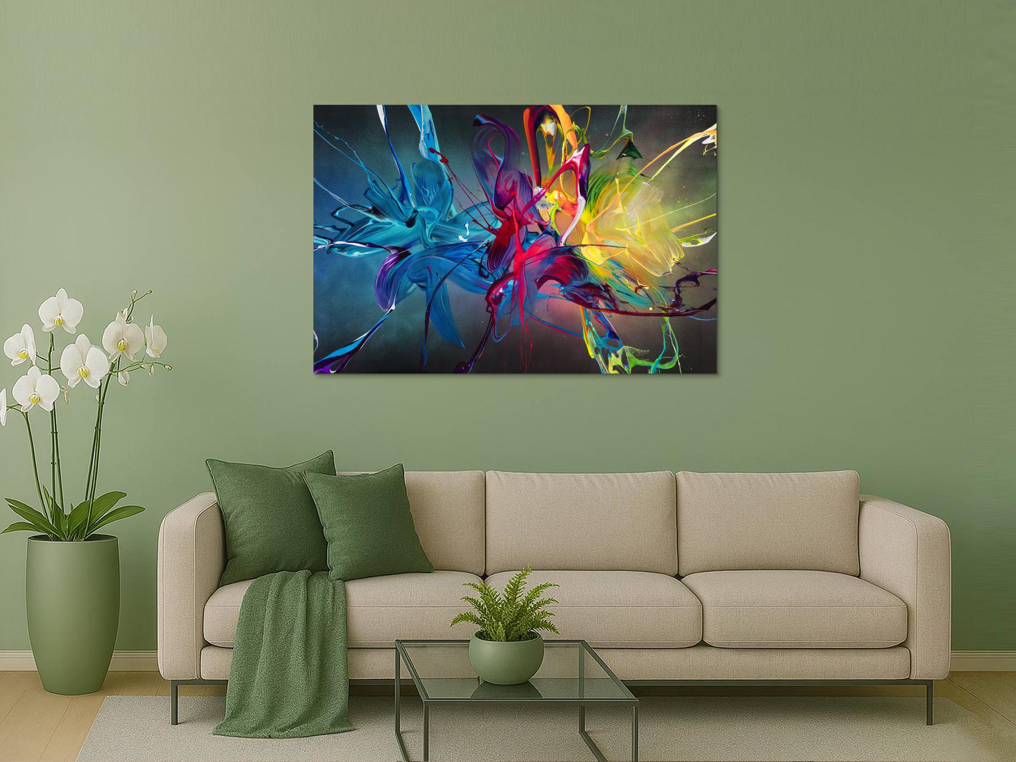 Gemälde Original abstrakt 100x150cm Action Painting Moderne Kunst auf Leinwand Mischtechnik schwarz bunt blau hochwertig