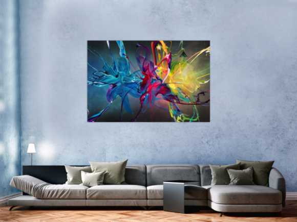 Gemälde Original abstrakt 100x150cm Action Painting Moderne Kunst auf Leinwand Mischtechnik schwarz bunt blau hochwertig