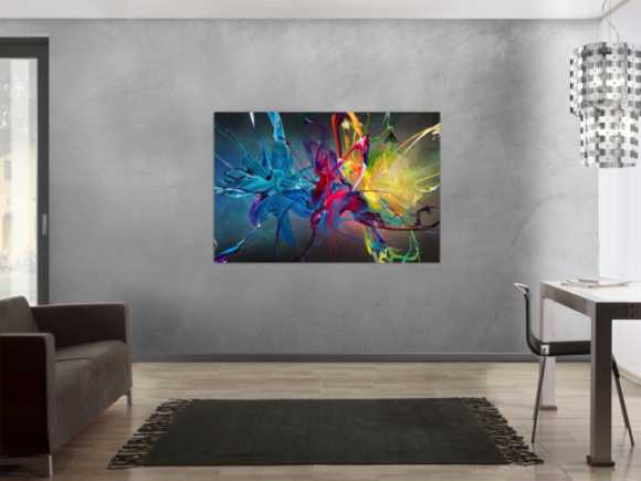Gemälde Original abstrakt 100x150cm Action Painting Moderne Kunst auf Leinwand Mischtechnik schwarz bunt blau hochwertig