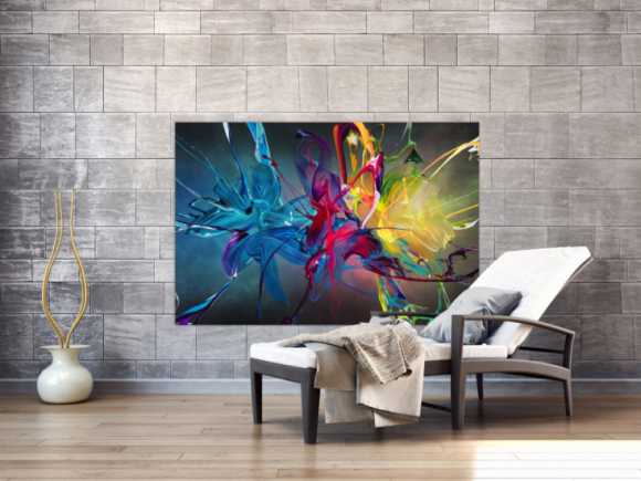 Gemälde Original abstrakt 100x150cm Action Painting Moderne Kunst auf Leinwand Mischtechnik schwarz bunt blau hochwertig