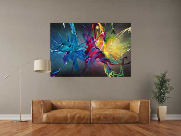 Gemälde Original abstrakt 100x150cm Action Painting Moderne Kunst auf Leinwand Mischtechnik schwarz bunt blau hochwertig