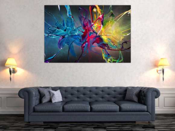 Gemälde Original abstrakt 100x150cm Action Painting Moderne Kunst auf Leinwand Mischtechnik schwarz bunt blau hochwertig