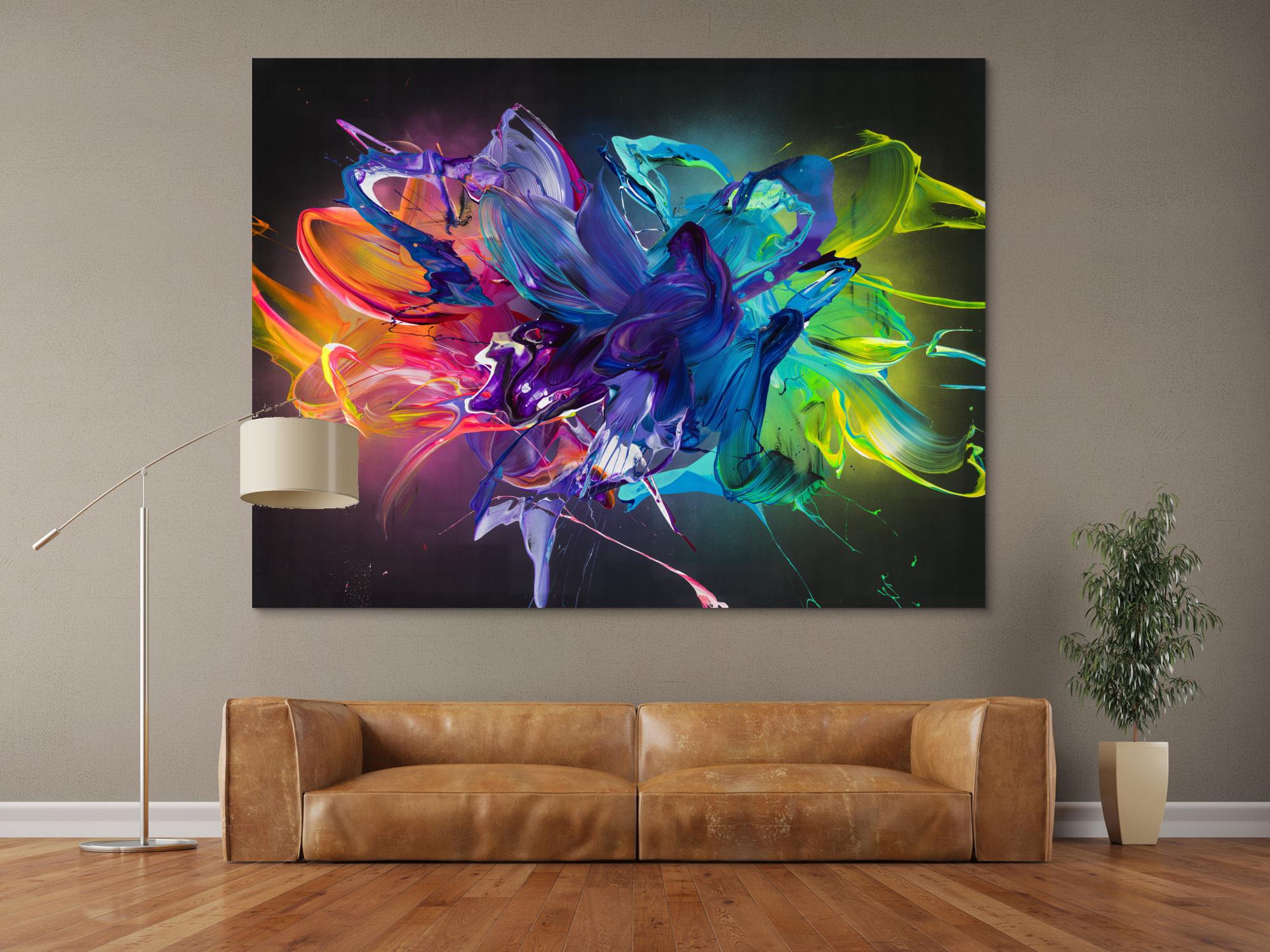 Gemälde Original abstrakt 150x200cm Action Painting zeitgenössisch auf Leinwand Mischtechnik schwarz bunt violett Einzelstück