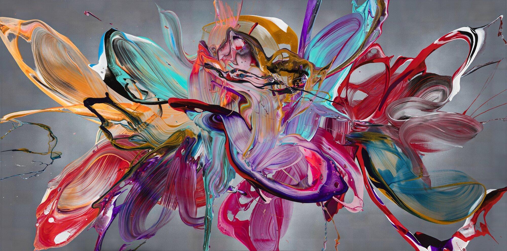 Abstraktes Original Gemälde 100x200cm Action Painting Modern Art auf Leinwand Mischtechnik anthrazit rot türkis hochwertig