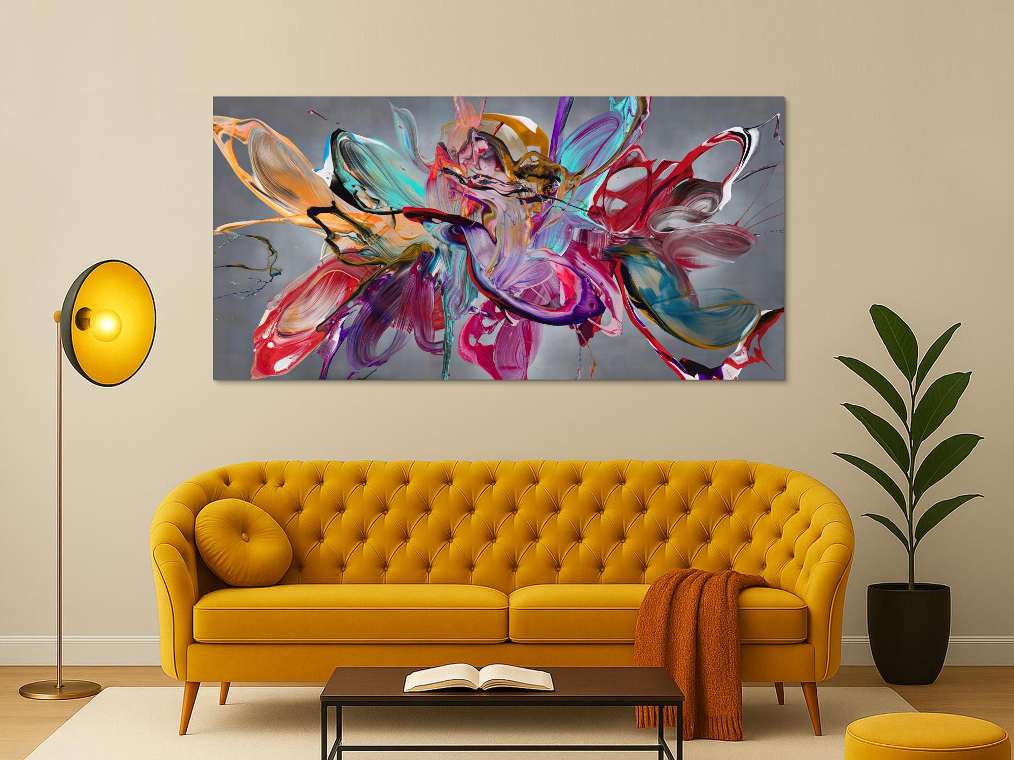 Abstraktes Original Gemälde 100x200cm Action Painting Modern Art auf Leinwand Mischtechnik anthrazit rot türkis hochwertig