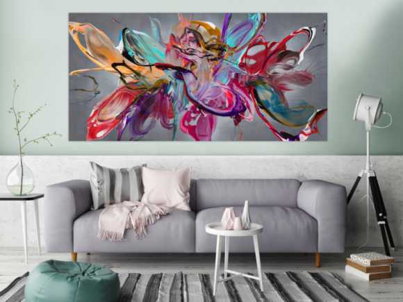 Abstraktes Original Gemälde 100x200cm Action Painting Modern Art auf Leinwand Mischtechnik anthrazit rot türkis hochwertig