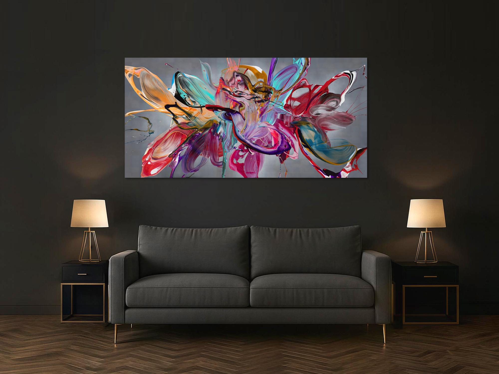 Abstraktes Original Gemälde 100x200cm Action Painting Modern Art auf Leinwand Mischtechnik anthrazit rot türkis hochwertig