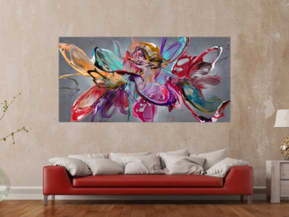 Abstraktes Original Gemälde 100x200cm Action Painting Modern Art auf Leinwand Mischtechnik anthrazit rot türkis hochwertig